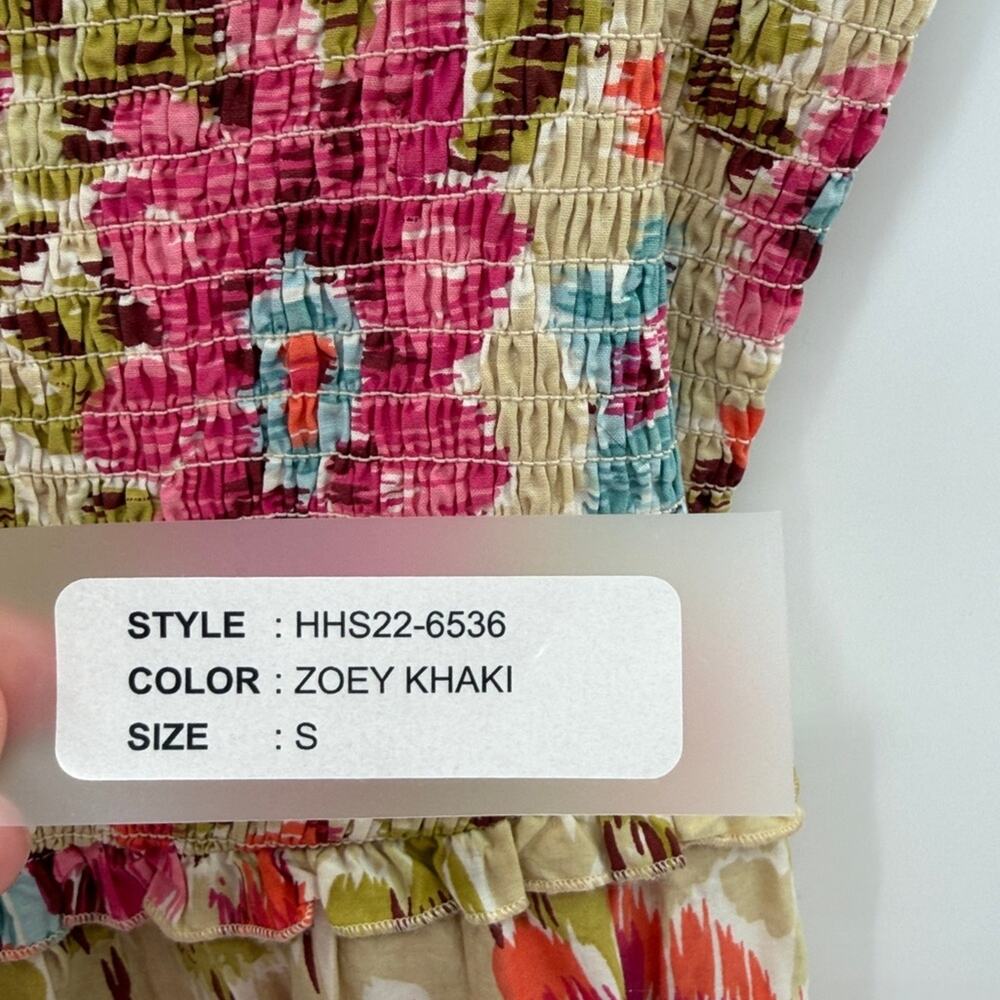House of Harlow 1960 Zoey Khaki Floral Print Smocked Maxi Dress - Tan/Pink - S - Picture 4 of 9